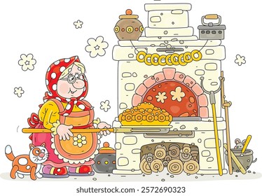 Funny village granny with her cat baked a traditional sweet pie in her old wood stove for a traditional festive table, vector cartoon illustration on a white background