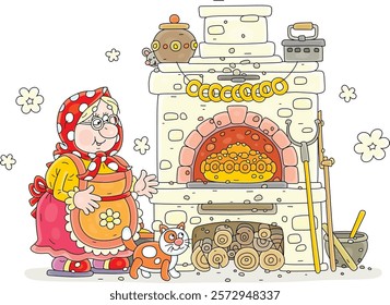 Funny village granny with her cat baking a traditional sweet pie in her old wood stove for a traditional festive table, vector cartoon illustration on a white background