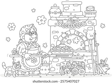 Funny village granny with her cat baked a traditional sweet pie in her old wood stove for a traditional festive table, black and white vector cartoon illustration for a coloring book