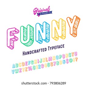 'Funny' Vintage 3D Sans Serif Colorful Alphabet. Retro Font Typography. Vector Illustration.