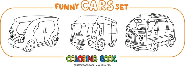 Funny vintage buses with eyes. Coloring book set