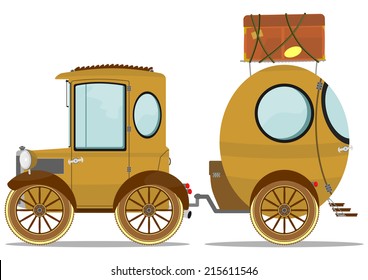 Funny vintage car with a caravan. Vector illustration without gradients. 