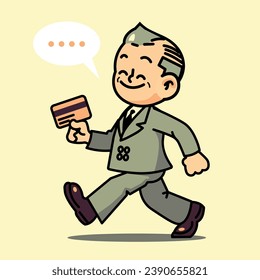 Funny vintage cartoon businessman in a classic suit happily walking with a credit card in a hand. Vector mascot