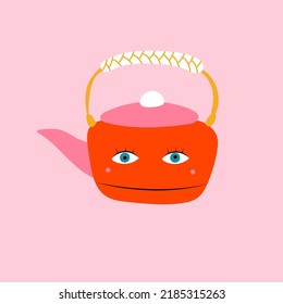 Funny vintage cartoon red  boiled kettle with eyes. Boiling concept. Vector illustration