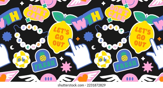 Funny vintage cartoon style sticker label seamless pattern. Retro 90s  colorful patch background texture. Trendy decorative sign wallpaper illustration.