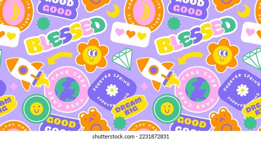 Funny vintage cartoon style sticker label seamless pattern. Retro 90s  colorful patch background texture. Trendy decorative sign wallpaper illustration.