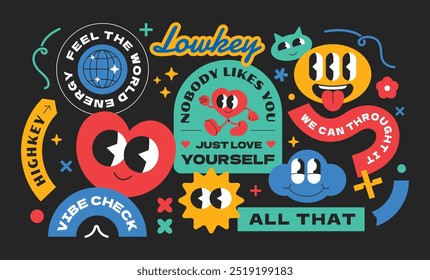 Funny vintage collection stickers. Gen z and millenials word quotes slang. Abstract character art design. Y2k vibrant style. Vector set isolated background.