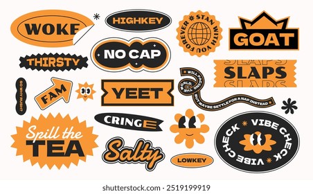 Funny vintage collection stickers. Gen z word quotes slang. Vector set isolated background. 