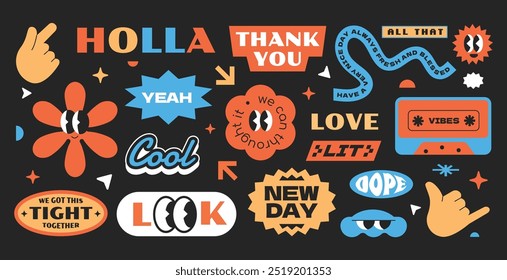 Funny vintage collection stickers. Gen z and millenials word quotes slang. Abstract character art design. Badges and patch retro. Y2k vibrant style. Vector set isolated background.