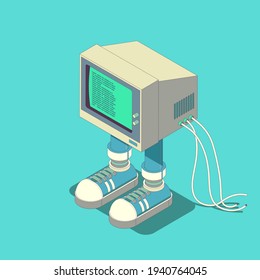 Funny vintage computer character with sneakers, isometric 3D illustration