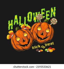 Funny vintage emblem with candy, two pumpkin heads stylized as mischievous freckled kids faces. Traditional text Trick or Trick. Smeared green letters Halloween. Illustration on a dark background