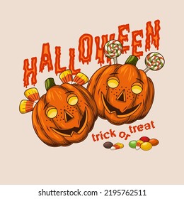 Funny vintage emblem with candy, two pumpkin heads stylized as mischievous freckled kids faces. Traditional text Trick or Trick. Smeared green letters Halloween. Illustration on a white background