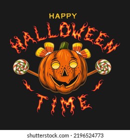 Funny vintage emblem with text, candy, pumpkin head like mischievous little girl face with freckles. Fire text Halloween Time. Illustration on a dark background