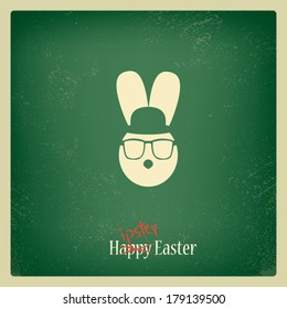 Funny vintage Happy Easter card with hipster Easter bunny. Eps10 vector illustration