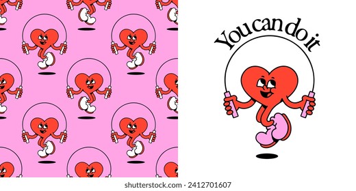 Funny vintage red love heart cartoon character seamless pattern. Retro romantic valentine's day mascot background. Cute cupid jump rope wallpaper print texture.