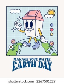 Funny vintage Retro trendy style Environment friendly earth day trash bin cartoon character Contemporary illustration Doodle Comic