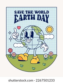 Funny vintage Retro trendy style Environment friendly earth day cartoon character Contemporary illustration Doodle Comic poster