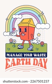 Funny vintage Retro trendy style Environment friendly earth day trash bin cartoon character Contemporary illustration Doodle Comic rainbow