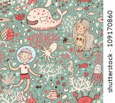 Funny vintage seamless pattern with whale and mermaid. underwater sea life