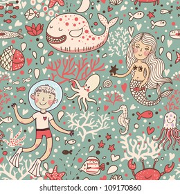 Funny vintage seamless pattern with whale and mermaid. underwater sea life