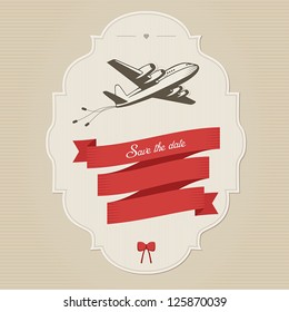 Funny vintage wedding invitation with retro aircraft dragging cans. Place for custom text.