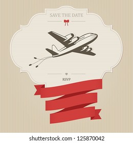 Funny vintage wedding invitation with retro aircraft dragging cans. Place for custom text.