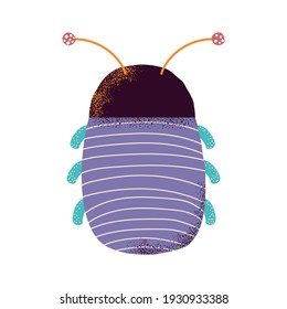 Funny violet beetle. Kids cartoon graphic. Vector hand drawn illustration.