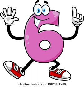 Funny Violet Number Six 6 Cartoon Character Showing Hands Number Six. Vector Hand Drawn Illustration Isolated On Transparent Background