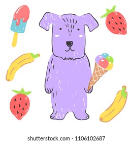 Funny violet puppy with a banana, strawberries and ice cream. Illustration about animals for children design. Cartoon style.