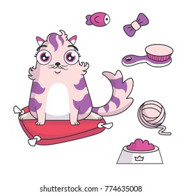 Funny virtual pet. Cute cat character vector illustrations set