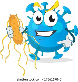 Funny virus character holding a germ bacteria in hand