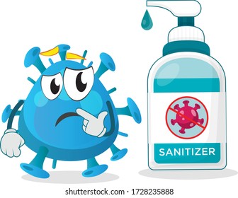 Funny virus character thinking in front of a hand sanitizer bottle