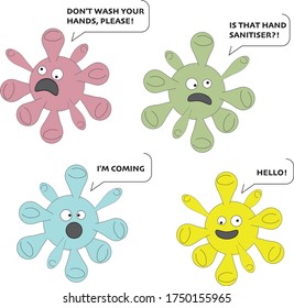 Funny virus characters in different colours, with different expressions of speech.