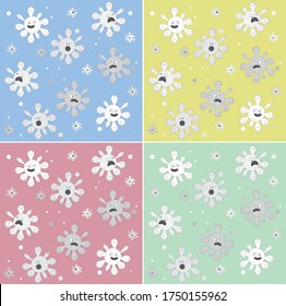 Funny virus shaded in white, with different expressions in a colourful background (pattern)