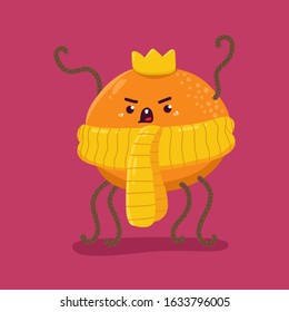 Funny virus in skarf and crown vector cartoon character isolated on background.