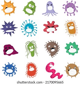 Funny virus wearing masks to prevent vaccine, bacterias wearing masks, colorful virus characters, evolved bacteria