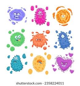 Funny viruses with different emotions vector illustrations set. Cartoon drawings of colorful bacteria or microbe characters with particles. Medicine, microbiology, health care concept