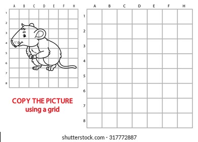 funny  vole game. Vector illustration of grid copy puzzle with happy cartoon vole for children