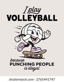 Funny Volleyball Vector Illustration – Cartoon Sports Volleyball Mascot Skateboarding Design
