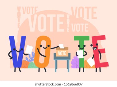 Funny vote characters stand near voting box. Call to vote. Poster for social media, web page, banner, presentation. Flat design vector illustration