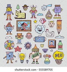 Funny and Wacky Creatures Doodle Characters. Vector Hand Drawn Color Illustration.