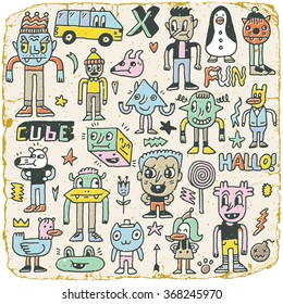 Graciosos Personajes De Doodle Wacky Set 1. Textura de época. Ilustración vectorial.