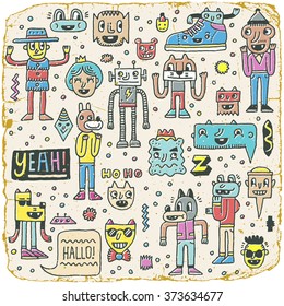 Funny Wacky Doodle Characters Set 11. Vintage Texture. Vector Illustration.