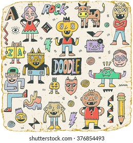 Funny Wacky Doodle Characters Set 15. Vintage Texture. Vector Illustration.