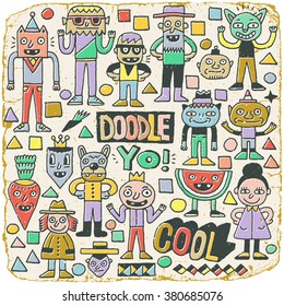 Funny Wacky Doodle Characters Set 21. Vintage Texture. Vector Illustration.