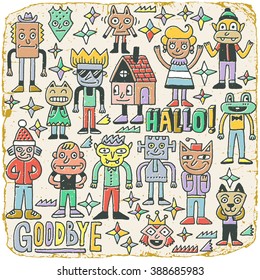 Funny Wacky Doodle Characters Set 19. Vintage Texture. Vector Illustration.