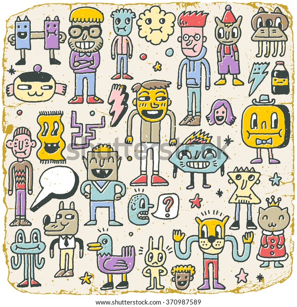 Funny Wacky Doodle Characters Set 7.\
Vintage Texture. Vector\
Illustration.