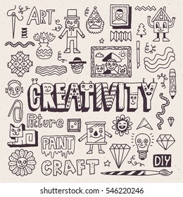 Funny and Wacky Doodle Creativity Diy Arts and Hobby. Vector Hand Drawn Illustration.