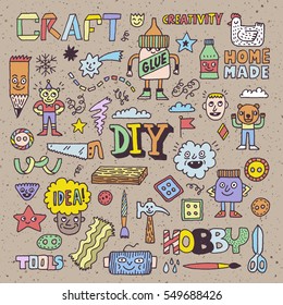 Funny and Wacky Doodle Creativity Diy Arts and Hobby. Vector Hand Drawn Color Illustration.