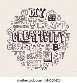 Funny and Wacky Doodle Creativity Lettering Words. Vector Hand Drawn Circle Illustration.